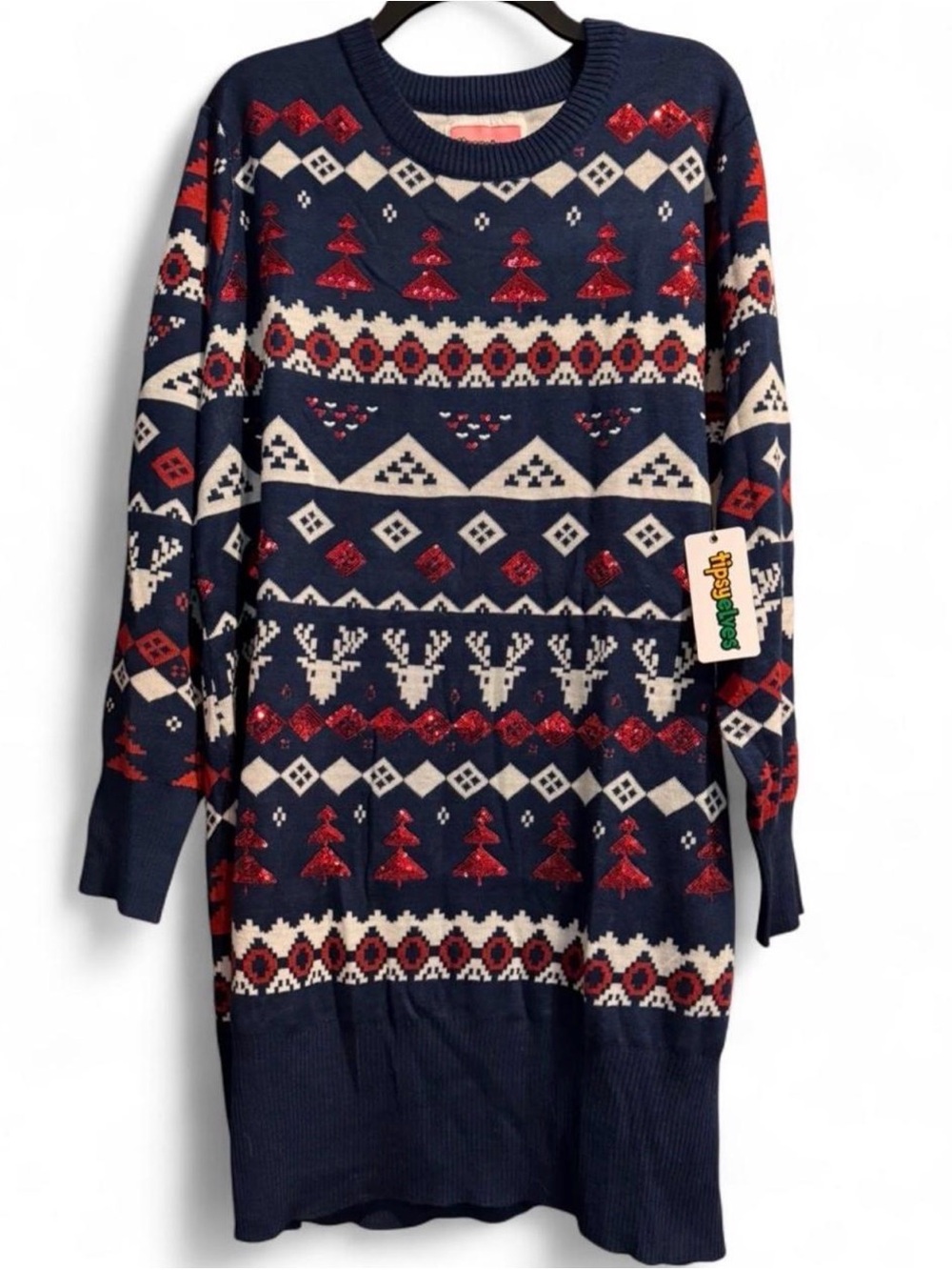 Tipsy Elves NWT Women’s Ugly Christmas Sweater Dress XXL Blue Sequin Fair Isle